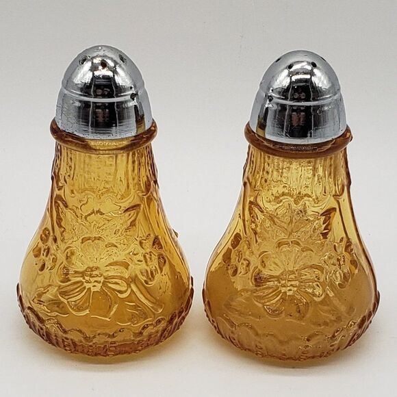 Viking Vintage Amber Glass Daisy Flowers Chrome Lid Salt & Pepper Shaker Set - Picture 10 of 11
